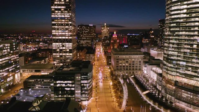 Aerial, Cars Driving in Urban Area at Night