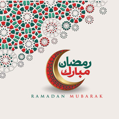 Luxurious and elegant design Ramadan kareem with arabic calligraphy, crescent moon and Islamic ornamental colorful detail of mosaic for islamic greeting.Vector illustration.