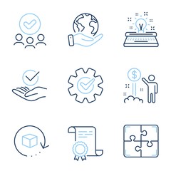 Approved, Puzzle and Cogwheel line icons set. Diploma certificate, save planet, group of people. Income money, Return package and Typewriter signs. Vector