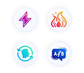 Energy, Fire energy and Face id icons simple set. Button with halftone dots. Ab testing sign. Thunderbolt, Flame, Identification system. Test chat. Science set. Gradient flat energy icon. Vector