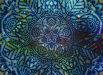 Mandala, tracery round boho background. Ethnic ornament. Folk, meditation design. Colored curved shape.