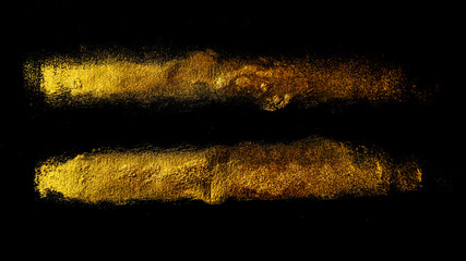 Two golden strips of acrylic paint on a black paper background.
