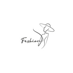 Fashion logo template on white background, silhouette of girls in contour hat for your website, mobile application. Vector illustration