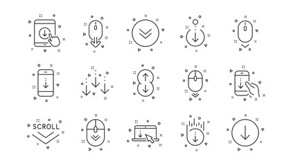 Scrolling mouse, landing page swipe signs. Scroll down line icons. Mobile device technology icons. Website scroll navigation. Phone scrolling. Linear set. Geometric elements. Quality signs set. Vector