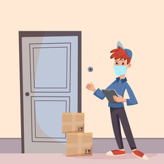 Delivery man in a medical mask standing at the door with parcels. Fast Delivery service to the door by courier concept. Cartoon character vector illustration