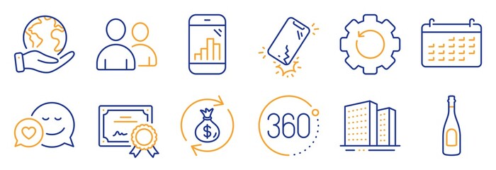 Set of Business icons, such as Calendar, Recovery gear. Certificate, save planet. Buildings, Users, Smartphone broken. Dating, Graph phone, Champagne. 360 degrees, Money exchange line icons. Vector