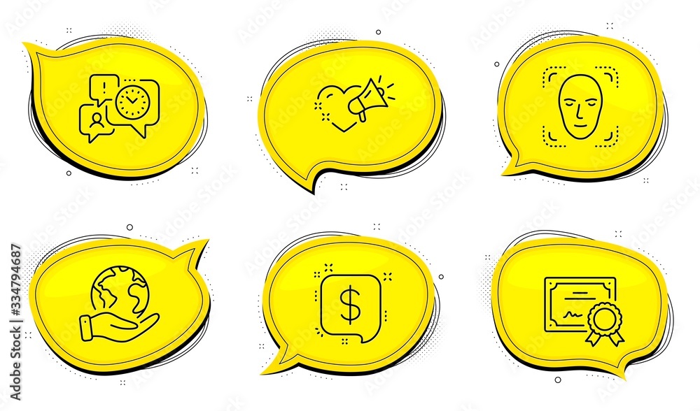 Poster face detection sign. diploma certificate, save planet chat bubbles. time management, payment message