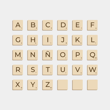 Complete Alphabet uppercase in scrabble letters. Isolate vector illustration ready to compose words and phrases.