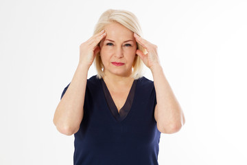 Coronavirus concept - middle age female woman suffer head pain headache migraine isolated on white...