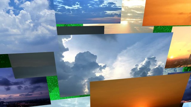 4K many monitor screen of cloudy sunrise, sunset and storm with climate change concept on shinny green globe particle surrounding motion on black and green gradient background