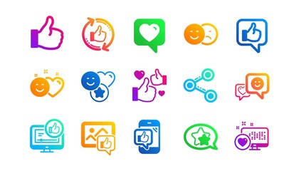 Share network, Like thumbs up and Rating. Social media icons. Feedback smile classic icon set. Gradient patterns. Quality signs set. Vector