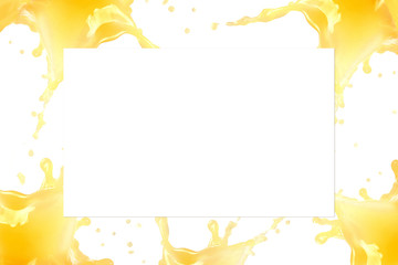 Orange juice splash concept. Light yellow color. Drop levitation. Sweet fruit. Liquid beverage. Healthy drink frame. Copyspace. Good for background.