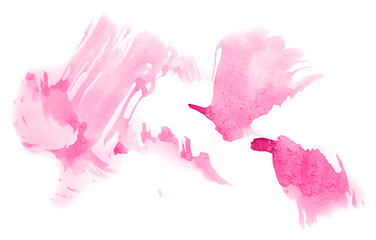 Abstract watercolor background hand-drawn on paper. Volumetric smoke elements. Pink color. For design, web, card, text, decoration, surfaces.