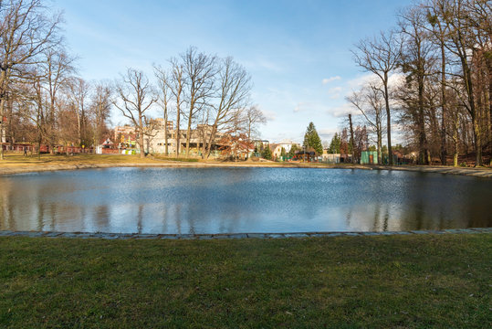 Chuchelna village scenery with pond in Czech republic