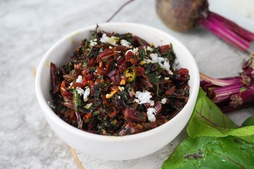 Beet Leaves stir fry served in a bowl / Healthy eating, selective focus