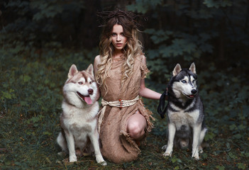 Beautiful women with husky in ancient dress