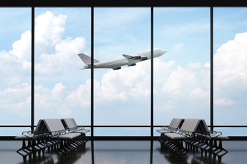 3D Rendering : illustration of at airport terminal. view from airport looked out. big window glass....