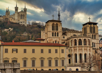 Fototapeta na wymiar View of the Basilique de Fourviere on top of the hill in Lyon