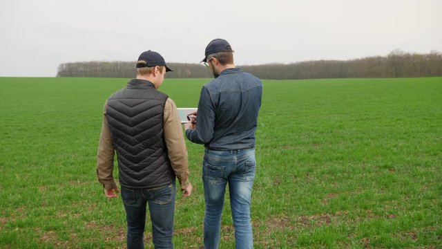 Two farmers walk along a field of winter wheat, look at a digital tablet, communicate, growth monitoring