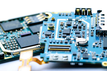 Disassembled electronic boards with chips, electronic components and precious metals for recycling,...