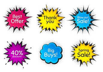Best offer, 40% discount and spring sale. Comic speech bubble. Thank you, hi and yeah phrases. Sale shopping text. Chat messages with phrases. Colorful texting comic speech bubble. Vector