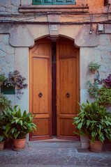 Wooden front door in a facade of an ancient house. There are plants on both sides of the door. It is summer at the evening in Mallorca, Spain.