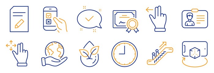 Set of Technology icons, such as Approved, Time. Certificate, save planet. Touchscreen gesture, Augmented reality, Escalator. Move gesture, Identification card, Organic product. Vector