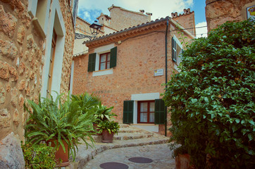 Fototapeta na wymiar Old stone street full of steps. There are stone houses at the both sides of the street. It is full of plants and pot plants. It is summer in Mallorca, Spain.