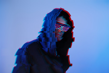 Man in hood and cyber glasses. Game character.