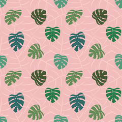 Tropical pastel floral pattern  monstera leaf vector design on the pink background.