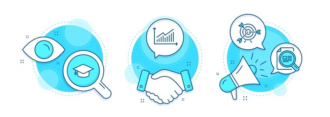 Graduation cap, Graph and Check article line icons set. Handshake deal, research and promotion complex icons. Target sign. University, Presentation diagram, Magnifying glass. Targeting. Vector