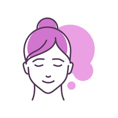 Human feeling desire line color icon. Face of a young girl depicting emotion sketch element. Cute character on violet background. Outline vector illustration.