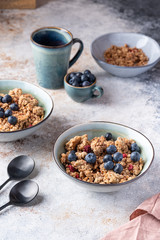 Tasty Strawberry Dessert, Homemade Yogurt with Strawberries, Granola and blueberries, raspberries and red currants. Seeds, Healthy Breakfast, Parfait in a Jar over Bright Background