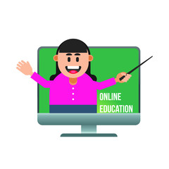 Online education concept with teacher woman on computer screen. vector illustration, isolated on white background