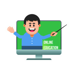 Online education concept with teacher on computer screen. vector illustration, isolated on white background