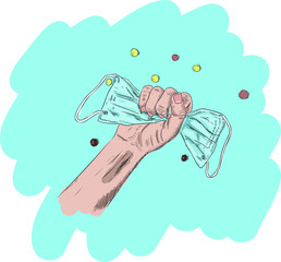 drawing of a hand holding a medical mask on a blue background with colored tablets. Concept of medicine and virus protection