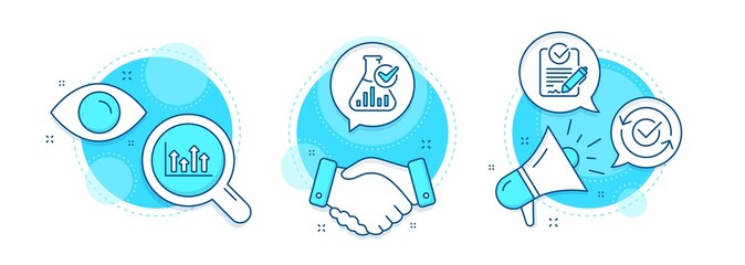 Upper arrows, Chemistry lab and Rfp line icons set. Handshake deal, research and promotion complex icons. Approved sign. Growth infochart, Laboratory flask, Request for proposal. Vector