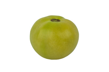 Portrait of a medium sized red colored ripe tomato isolated in a white paper background