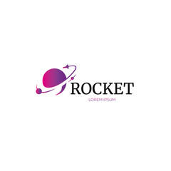 Logo planet with a flying rocket, space logo, orbit, inspired by 80s disco music, 3d background, neon on a white background. For website, mobile application, technology, science. Vector illustration