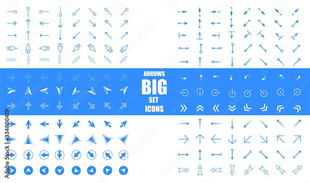 Poster Modern simple arrows. Arrow vector icon set in thin line style. Arrows big blue set icons. Arrow icon. Arrow vector collection. Arrow. Cursor.  Vector illustration