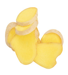 Fresh Ginger root  slices isolated on white background. Top view. Flat lay