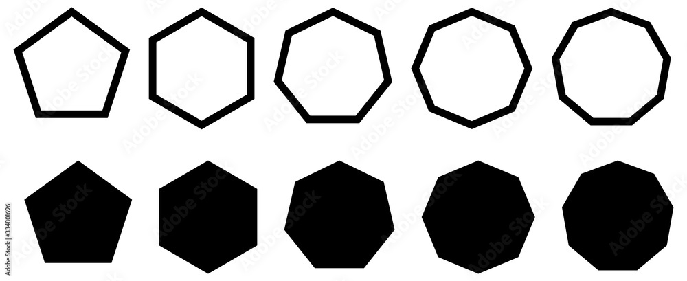 Poster set of simple polygons with five to nine sides. filled and outline version