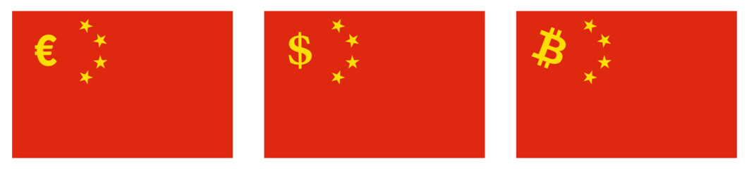 Flag of China, stars replaced with euro, dollar, bitcoin sign. Chinese trade to Europe, United States and cryptocurrency trading concept