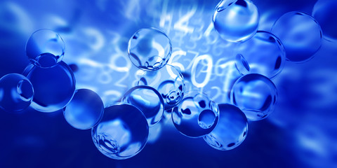 Molecule model and numbers on a blue background. Digital technology concept in science, chemistry, biology or medicine.