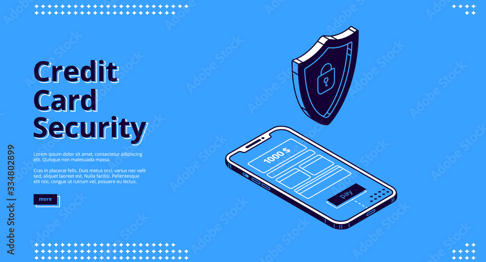 Poster credit card security isometric landing page. shield at smartphone with payment app on screen. secure