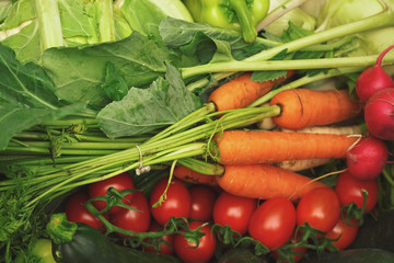 Carrots, tomatoes, radish, and green leaves mixed on display at fruit and vegetable market