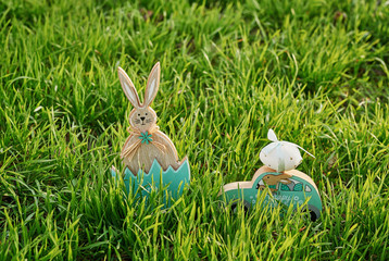Easter bunny on spring green grass. Cute rabbit. Easter egg hunt with pet bunny. Happy Easter greeting card with copyspace. Easter greeting card template. Rabbit and eggs on grass.