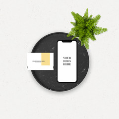 3d rendering of business card and smartphone on the marble tray for mock up work.