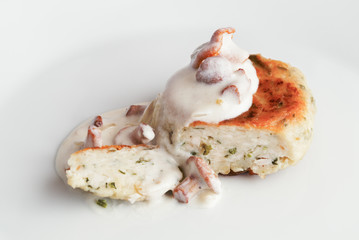 turkey cutlet under sour cream chanterelles sauce cut open