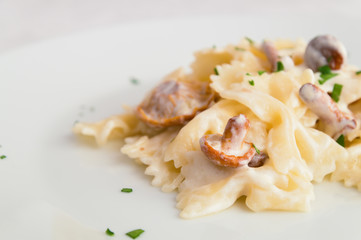 farfalle with chanterelles and cream sauce sprinkled with finely chopped parsley